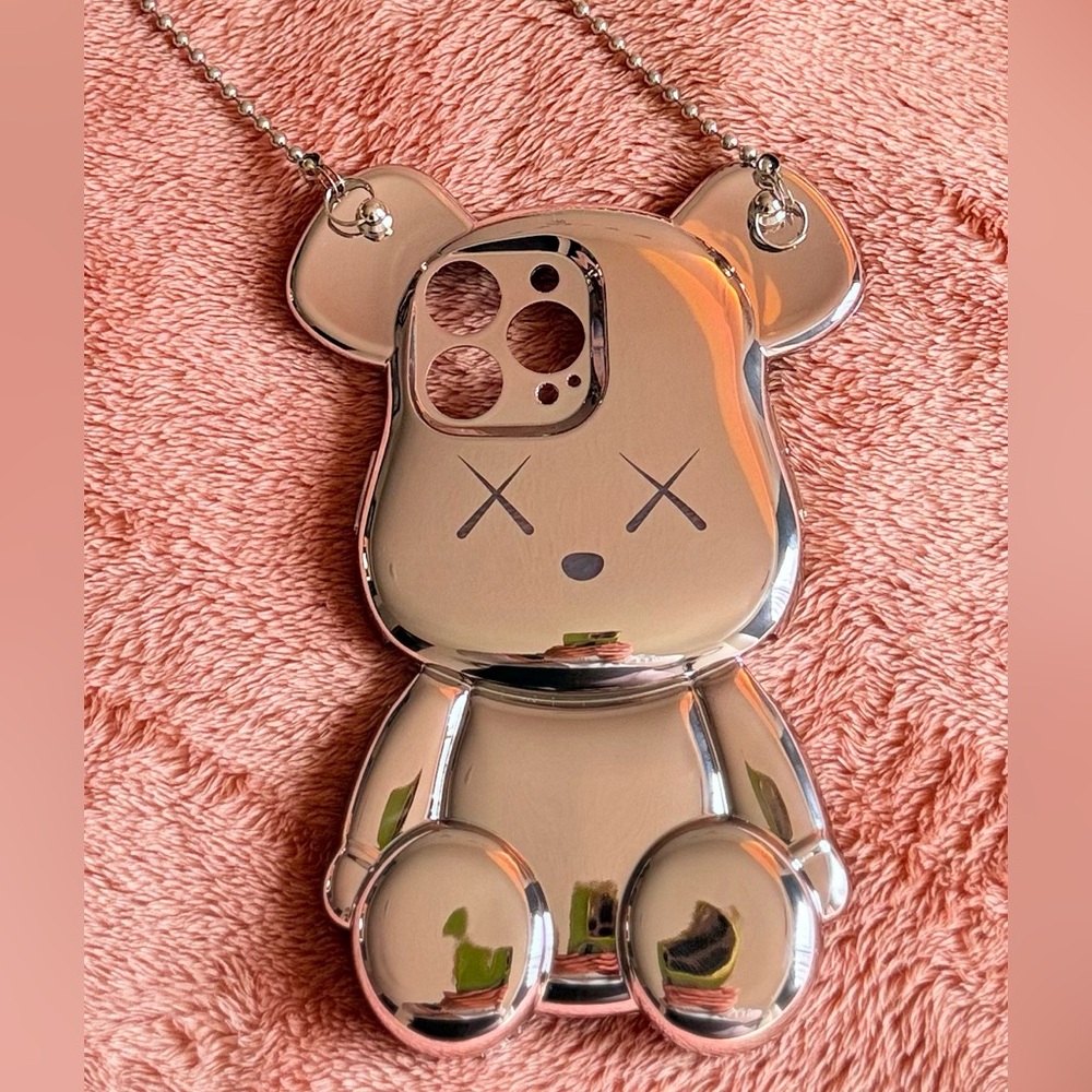 Cute bear-shaped iphone 14 Pro Max Shiny  pink gold case.